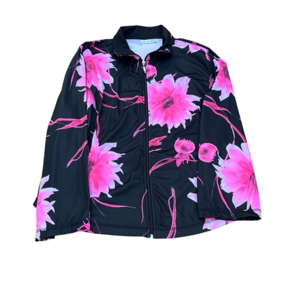 Kim Rogers Pink and Black Bomber Jacket with Bold Floral Design 3X